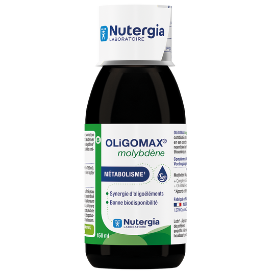 Nutergia Oligomax molybdeen mineral supplement bottle, 150ml, featuring the product label and packaging details.