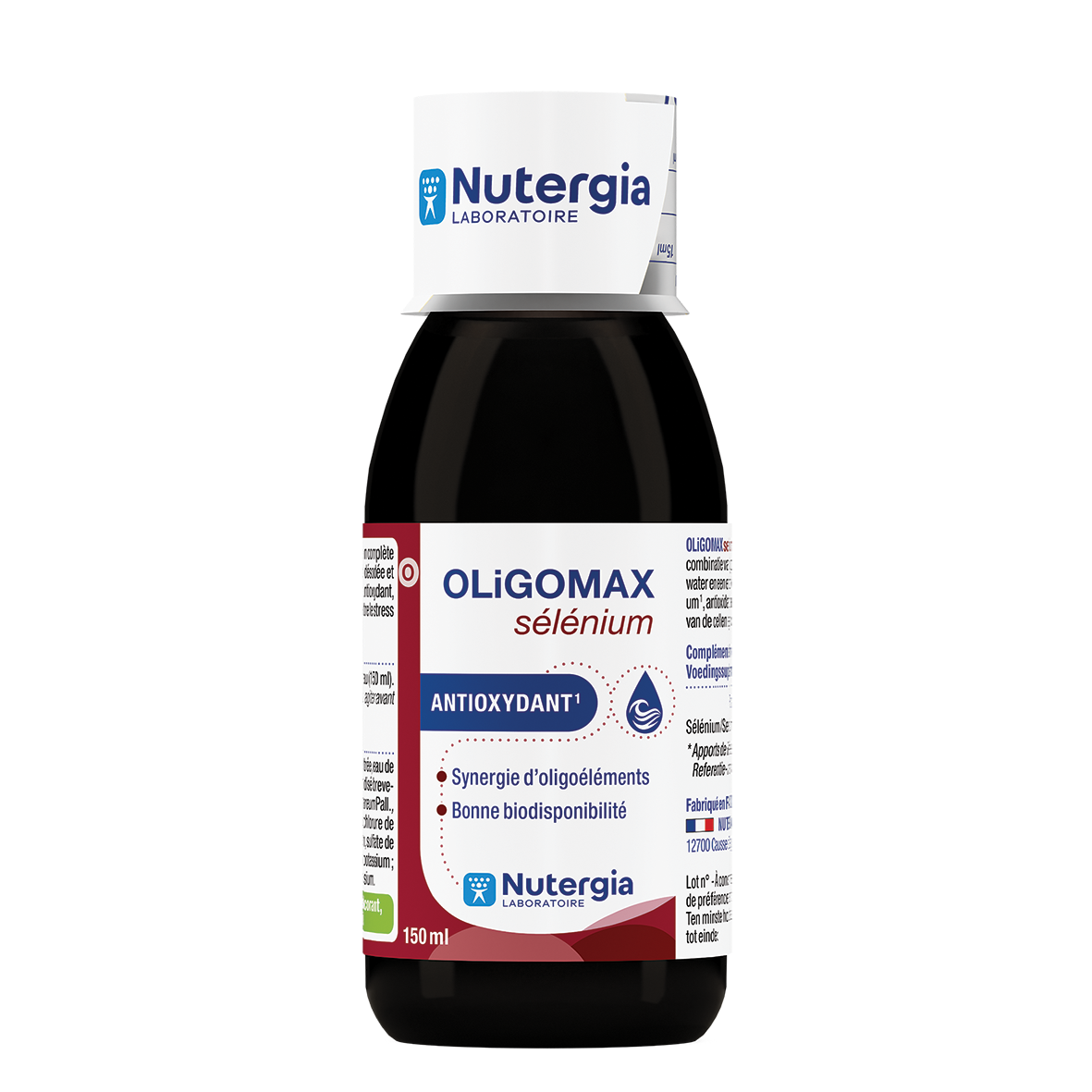 Nutergia Oligomax selenium mineral supplement in a 150ml bottle, showing the product label and packaging.