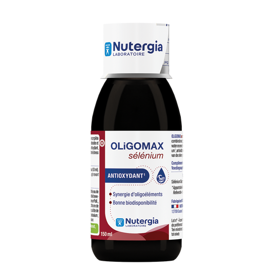 Nutergia Oligomax selenium mineral supplement in a 150ml bottle, showing the product label and packaging.