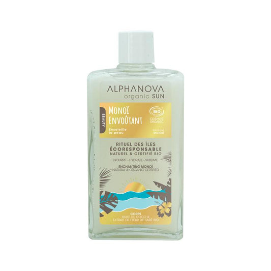 Alphanova Sun bio Monoi organic body care oil, 100ml, with a floral scent and natural ingredients for skin nourishment.