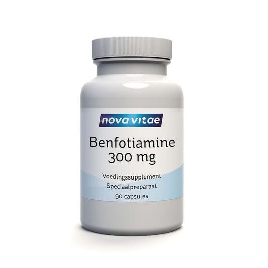 Nova Vitae Benfotiamine 300mg capsules, dietary vitamin supplement, arranged in a blister pack on a white background.
