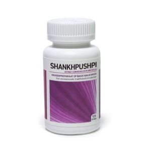 Ayurveda Health Shankhapushpi herbal tablets in a bottle, natural remedy for mental clarity and relaxation, Kruidenpreparaten.