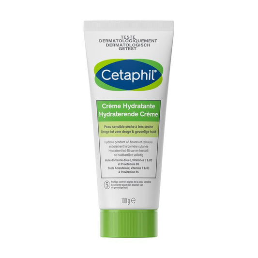 Cetaphil hydraterende lichaamscrème in 100 gram verpakking, smooth texture and moisturizing qualities, suitable for daily skincare.