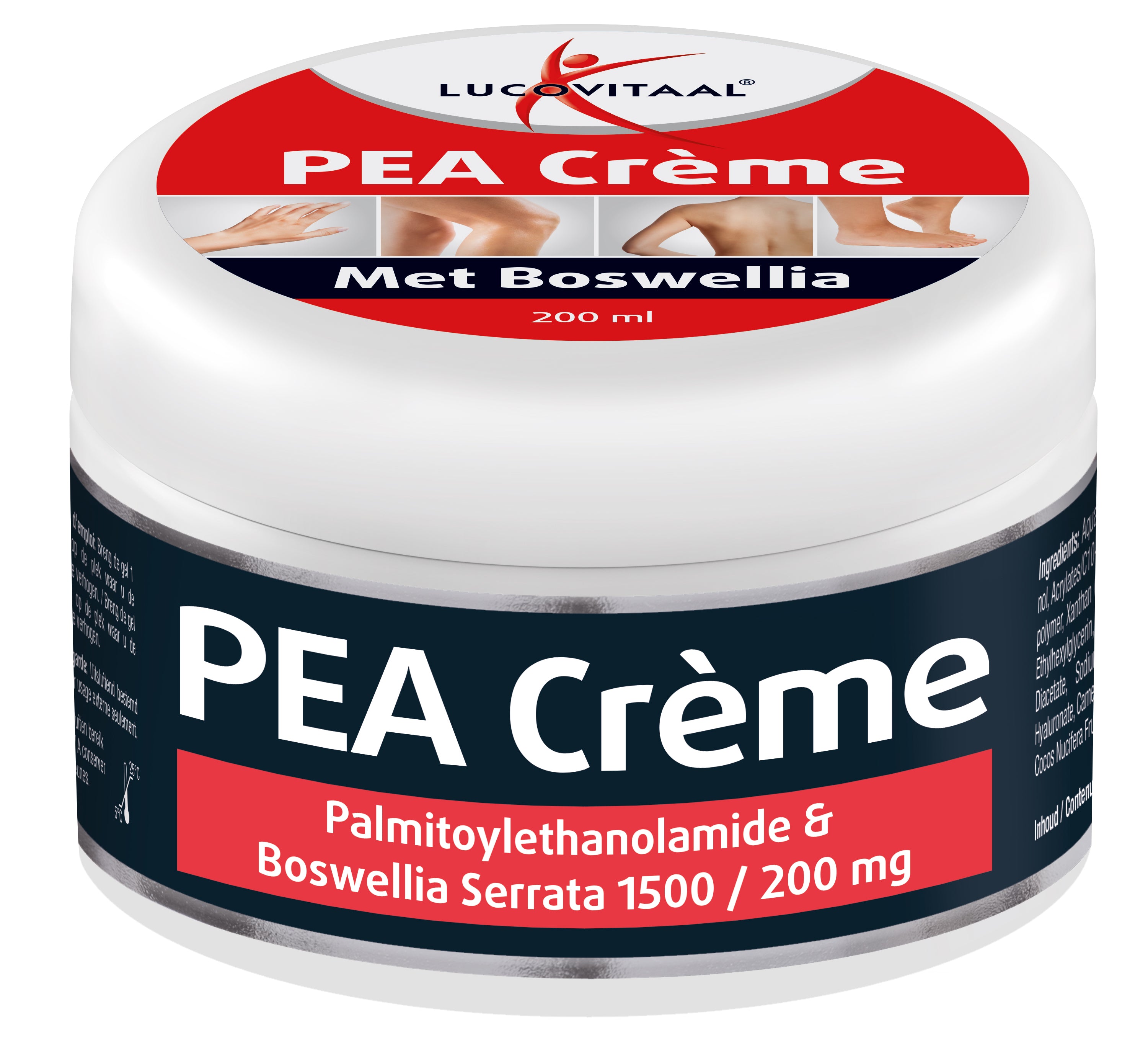 Lucovitaal Pea Creme 250ml body care product with a white and green tube, suitable for skin nourishment and moisturizing.