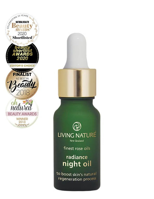 Living Nature Radiance night oil in a glass bottle, featuring dropper for facial skincare, 18ml size.