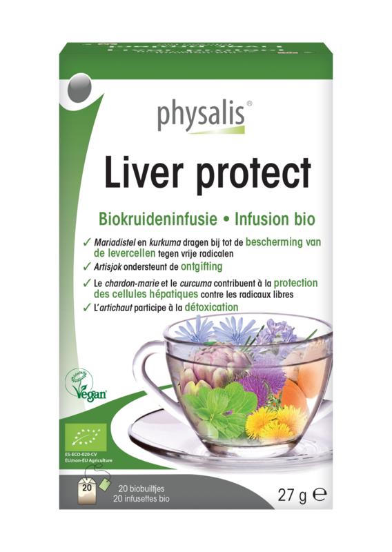 Physalis Liver Protect Infusion bio 20 tea bags, showcasing the packaging with tea bags and branding for natural health support.