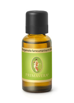 Primavera Bergamot essential oil in 30ml bottle, aromatic bio etherische olie with fresh citrus scent, limited furocumarin content.