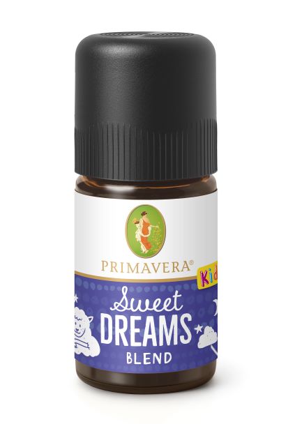 Primavera Sweet Dreams Blend organic essential oil in a 5ml bottle, with a dark glass container and colorful label.