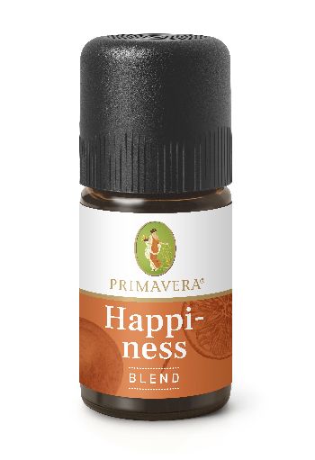 Primavera Happiness blend bio essential oil in a 5ml glass bottle with a white label and orange cap, placed on a wooden surface.