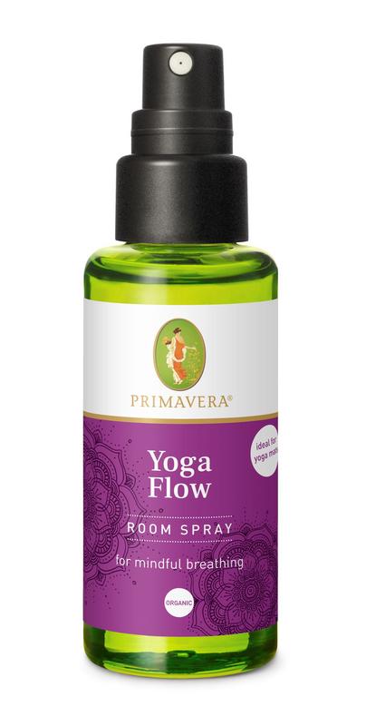 Primavera Yogaflow bio room spray bottle, 50ml, with a minimalist label and spray nozzle for freshening indoor spaces.