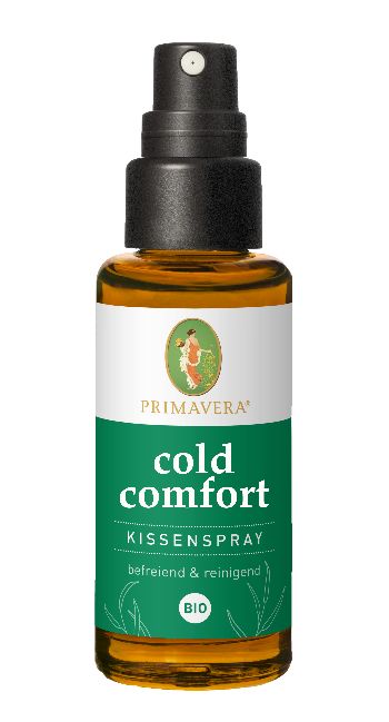 Primavera Cold Comfort Pillow Mist bottle with label, 30ml, featuring natural botanical ingredients for soothing sleep.