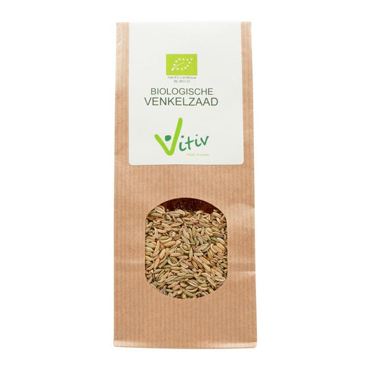 Organic fennel seed from Vitiv in a 250g package, used as a spice or ingredient in cooking and herbal remedies.