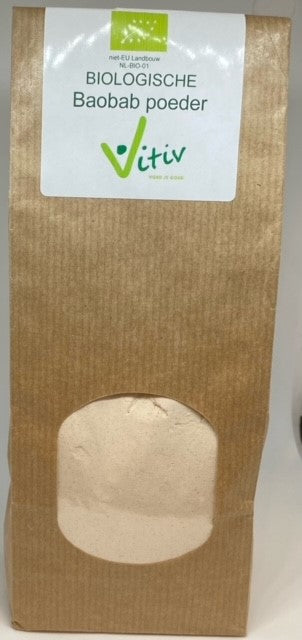Vitiv Baobab powder bio 250g, raw superfood in a clear jar, showing vibrant green powder inside