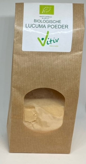 Vitiv Lucuma powder bio 200g in a jar, a raw superfood with vibrant golden color and smooth texture, organic and nutrient-rich.