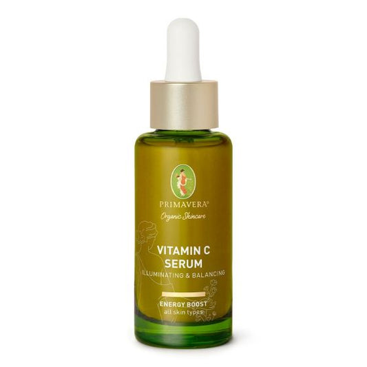 Primavera Vitamin C serum for face, illuminating and balancing, 30ml bottle shown with dropper and clear liquid.