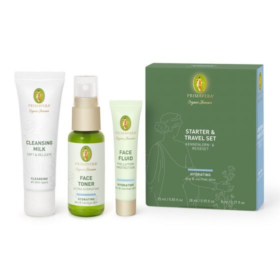 Primavera Hydrating Face Care Starter & Travel Set with skincare products in travel-sized bottles, designed for facial hydration.