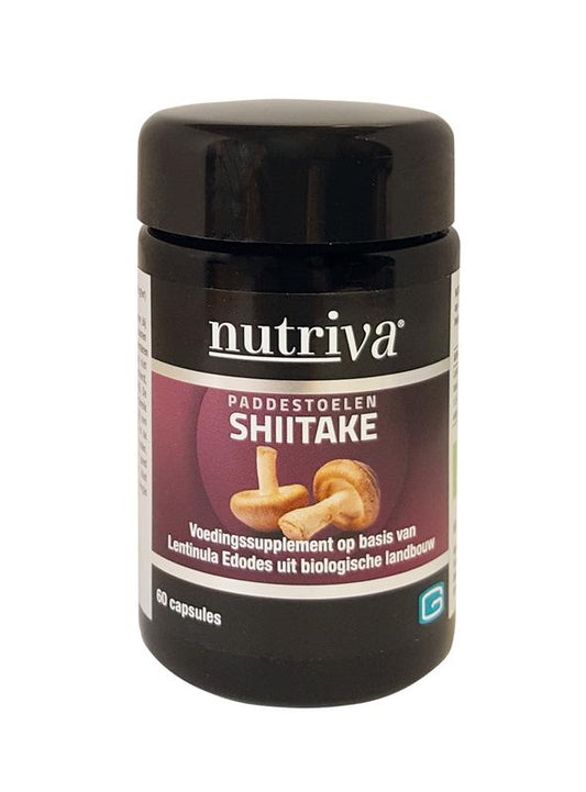 Nutriva Shiitake bio capsules, herbal supplement with 60 capsules, featuring shiitake mushroom for immune support.