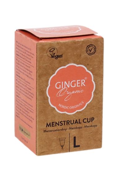 Ginger Organic menstruation cup in size L, made from TPE, designed for women’s feminine hygiene, displayed in the image.