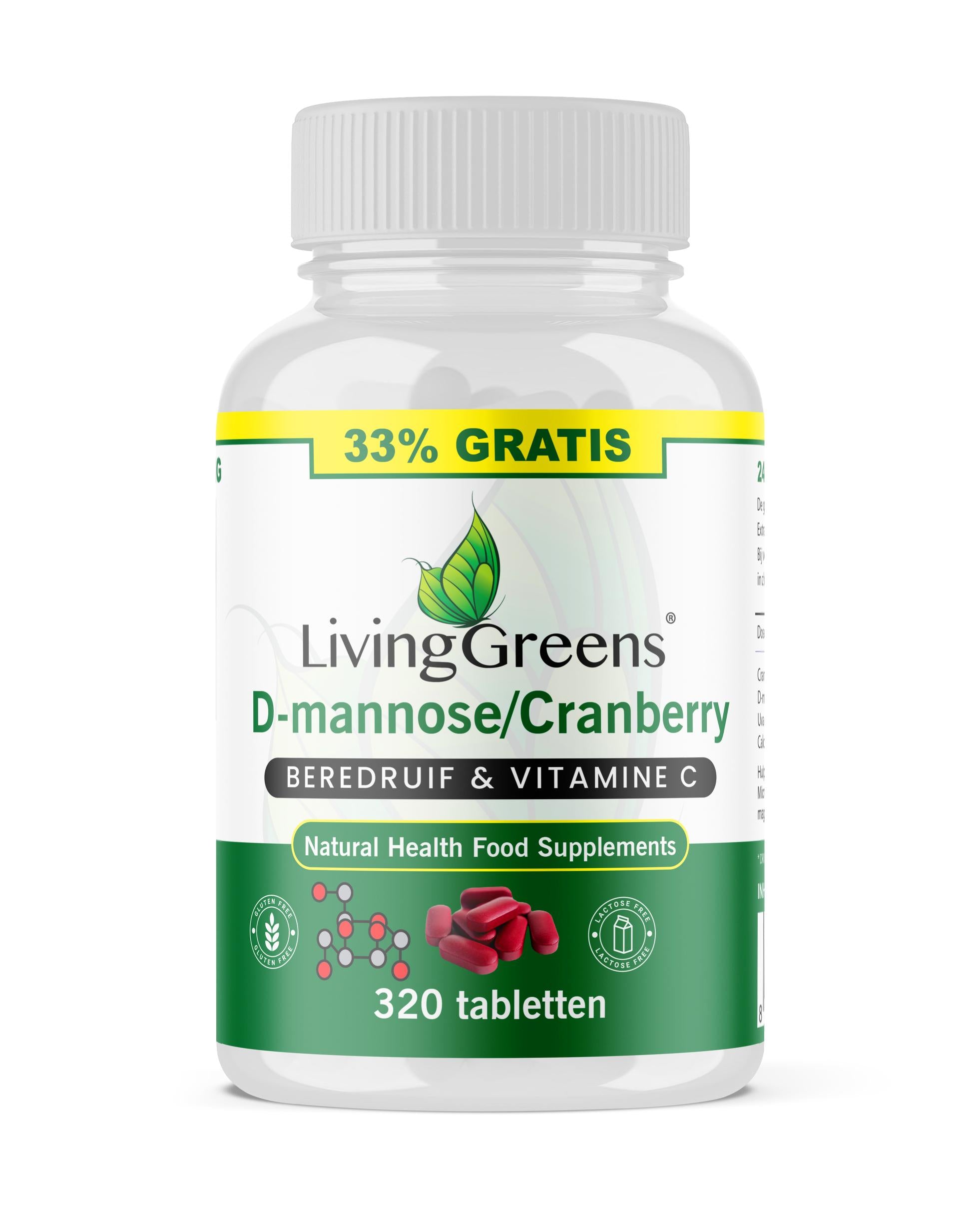Livinggreens Cranberry D-Mannose voordeelverpakking met 320 tabletten voor kruidensupplementen, gericht op urineweggezondheid.