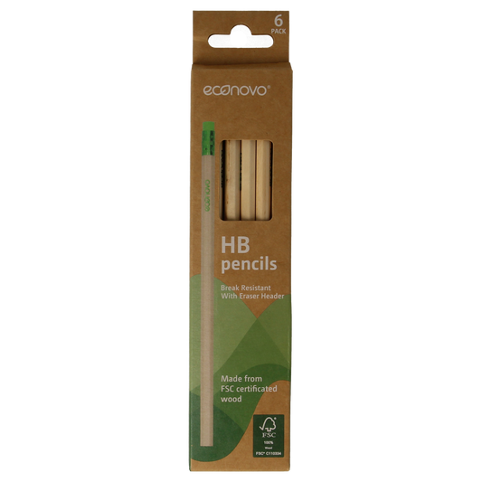 Econovo FSC wooden pencils with erasers, set of 6, ideal for office and school use, featuring natural wood finish and black tips.