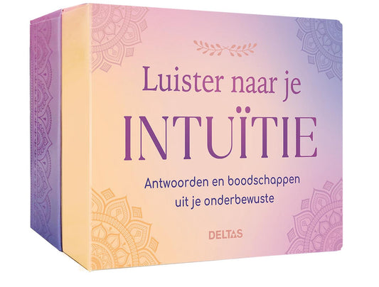 Deltas luister naar je intuïtie orakel kaarten set featuring a box with colorful spiritual card designs, designed for guidance.