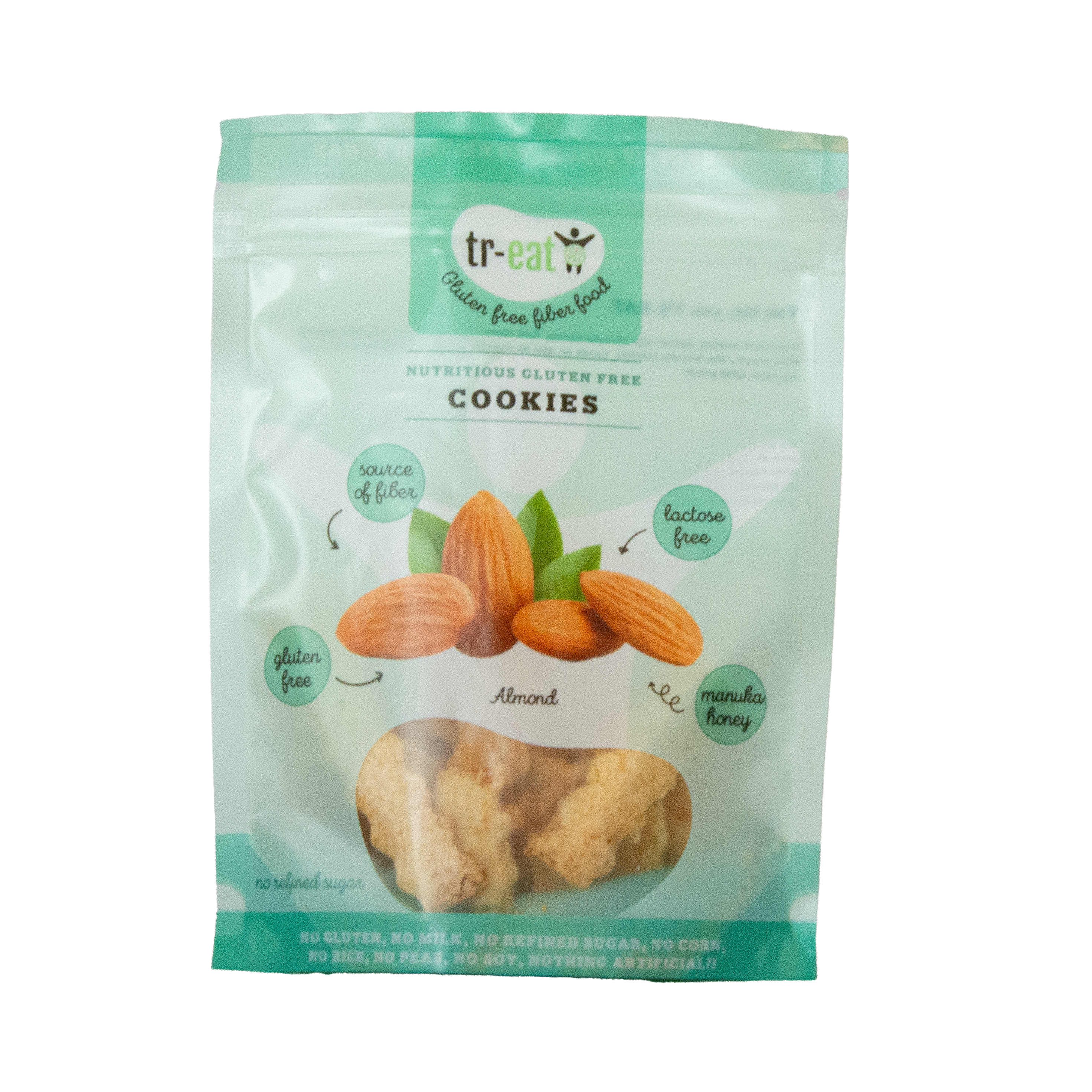Treat brand almond gluten-free cookies on a white plate, showing golden-brown, crunchy treats in an 80g package.