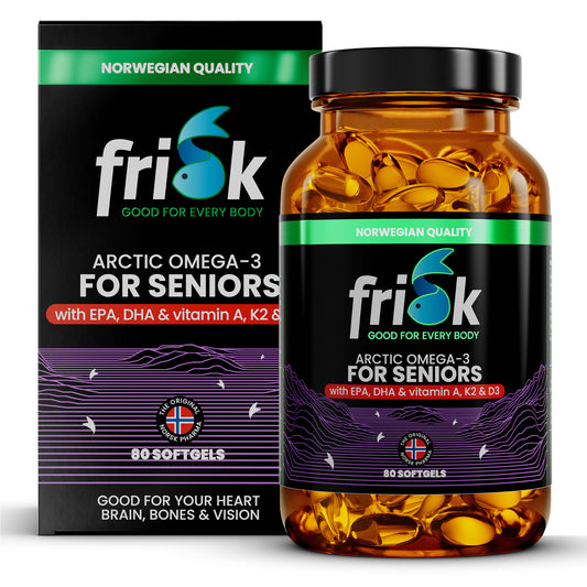 Frisk Omega 3 senioren softgels with K2, A, D3, visible in a bottle and box, designed for elderly health and wellness.