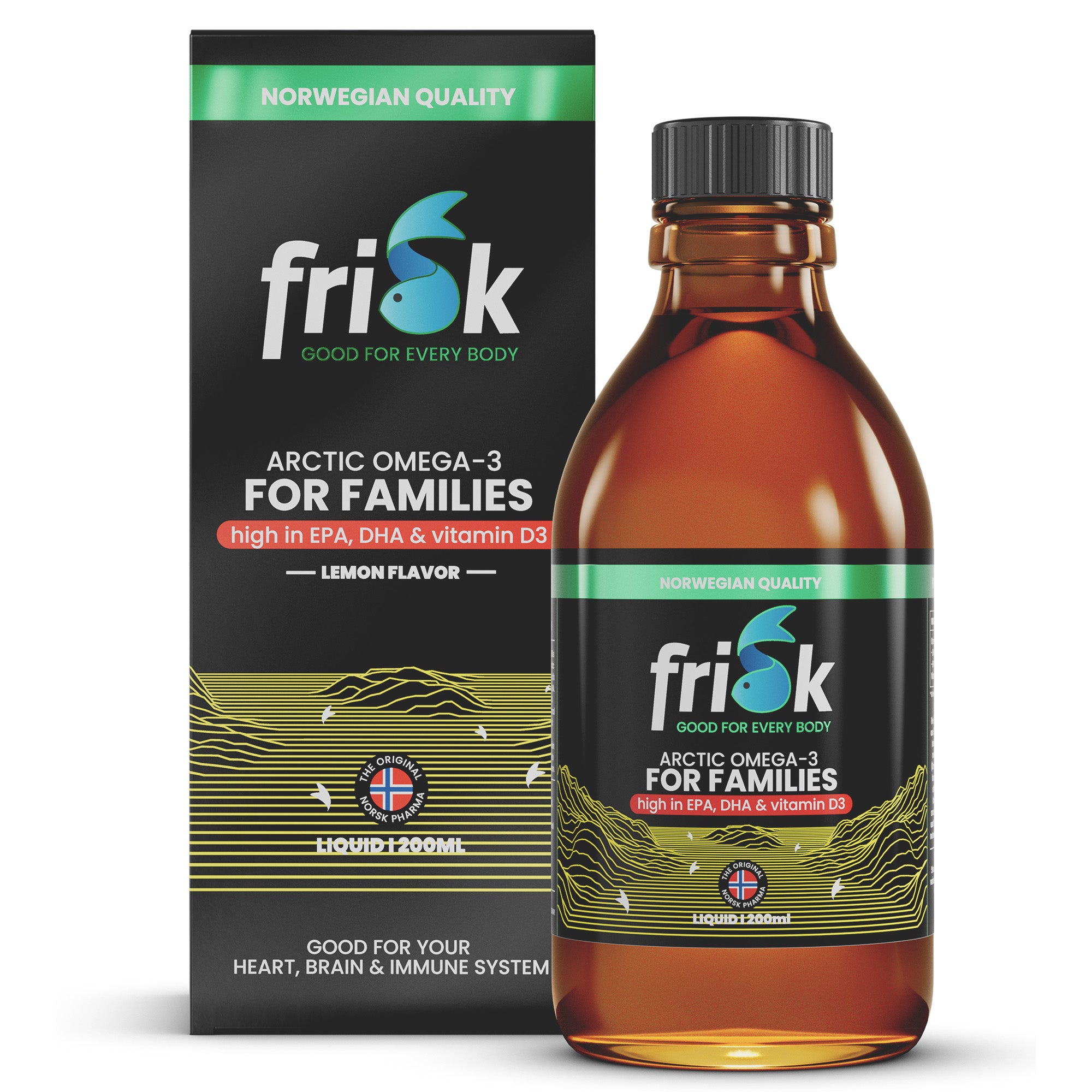 Frisk Omega 3 gezin citroen bottle of fish oil with DHA and D3, 200ml, featuring lemon flavor and family-friendly packaging