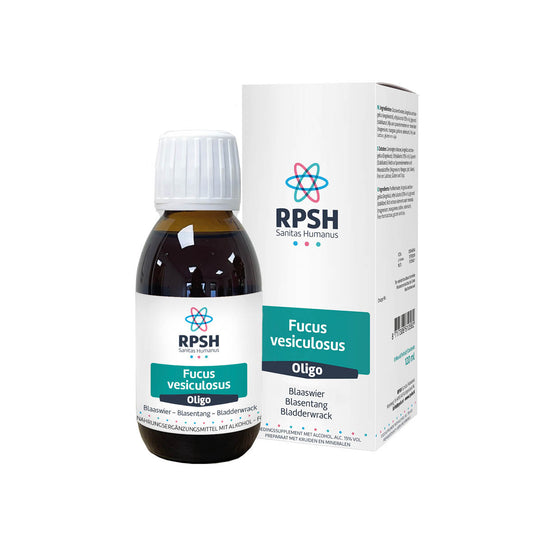 RPSH Oligo Fucus vesiculosus herbal supplement in a 120ml bottle, showing Fucus seaweed used in herbal preparations.