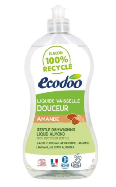 Ecodoo soft liquid dish soap with almond scent in a 500ml bottle, eco-friendly and gentle for dishes.