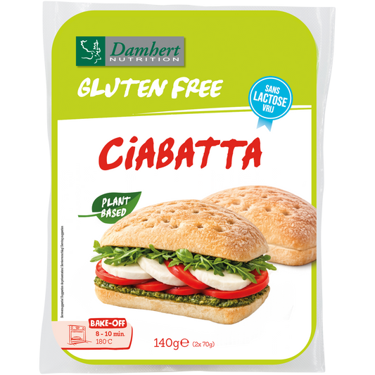 Damhert gluten-free plant-based ciabatta bread slice in a clear view, showcasing its golden crust and soft interior.