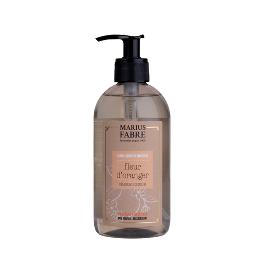 Marius Fabre Zeep Oranjebloesem pomp 400ml, floral soap with orange blossom scent, in a clear pump bottle.