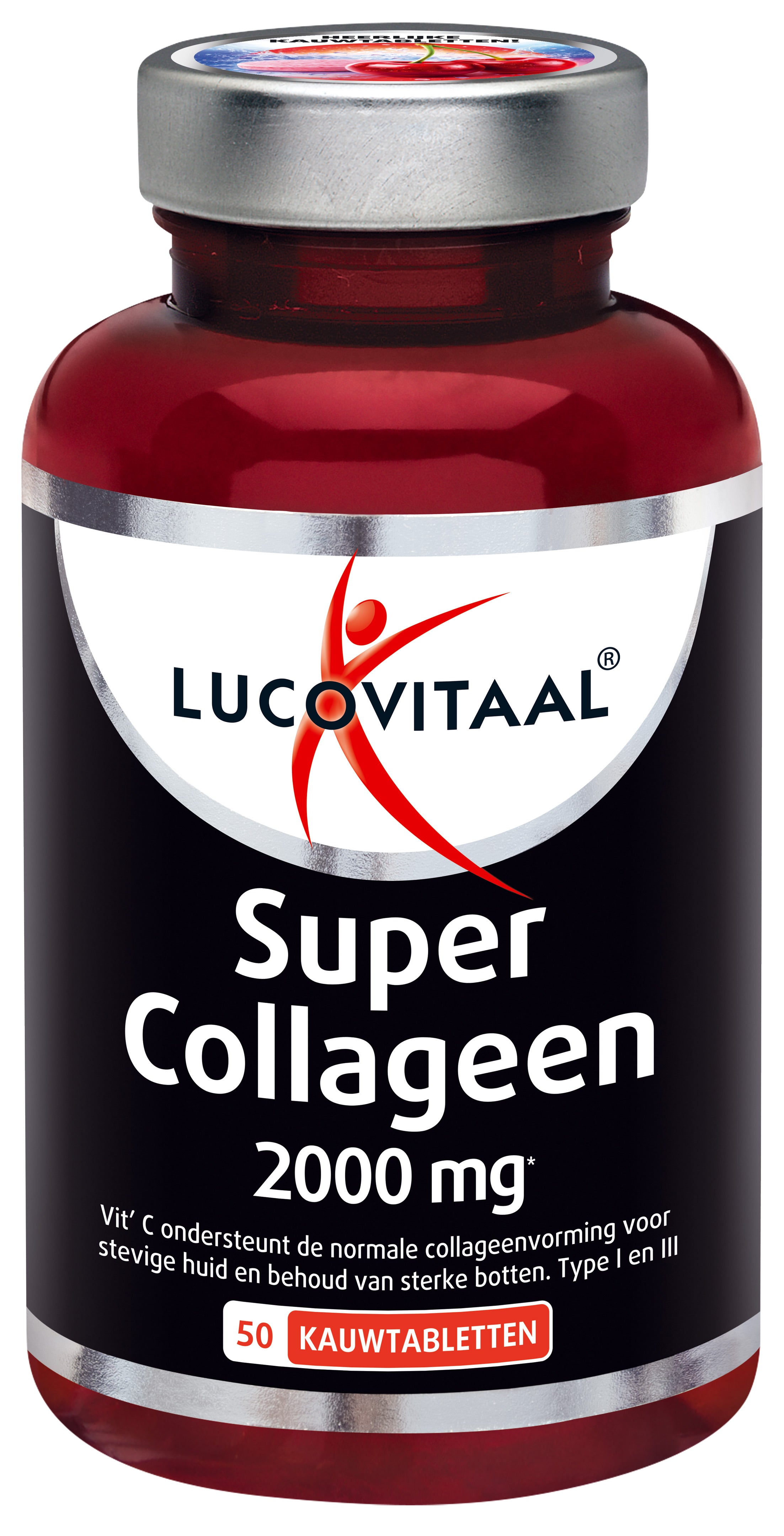 Lucovitaal Collageen Super 2000mg supplement tablets in a bottle, dietary supplement for skin and joint health.