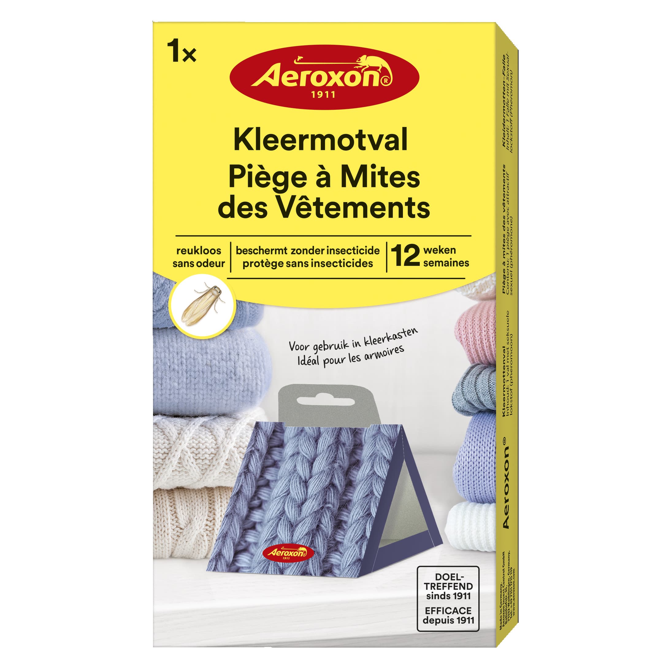 Aeroxon Kleermottenval for home and comfort, showing a box of 1.00 insect traps for clothing moth control.