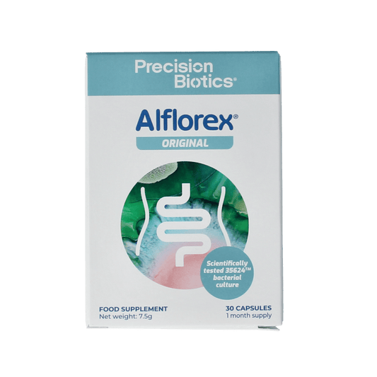 Alflorex Original vegetarian capsules dietary supplement in a blister pack, designed for digestive health support.