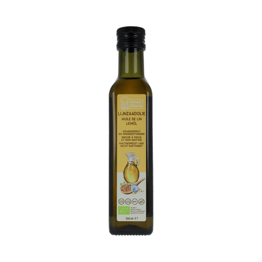 Amanprana organic flaxseed oil in a 250ml bottle, shown with a glass of flaxseed oil and fresh flax seeds on a white background.