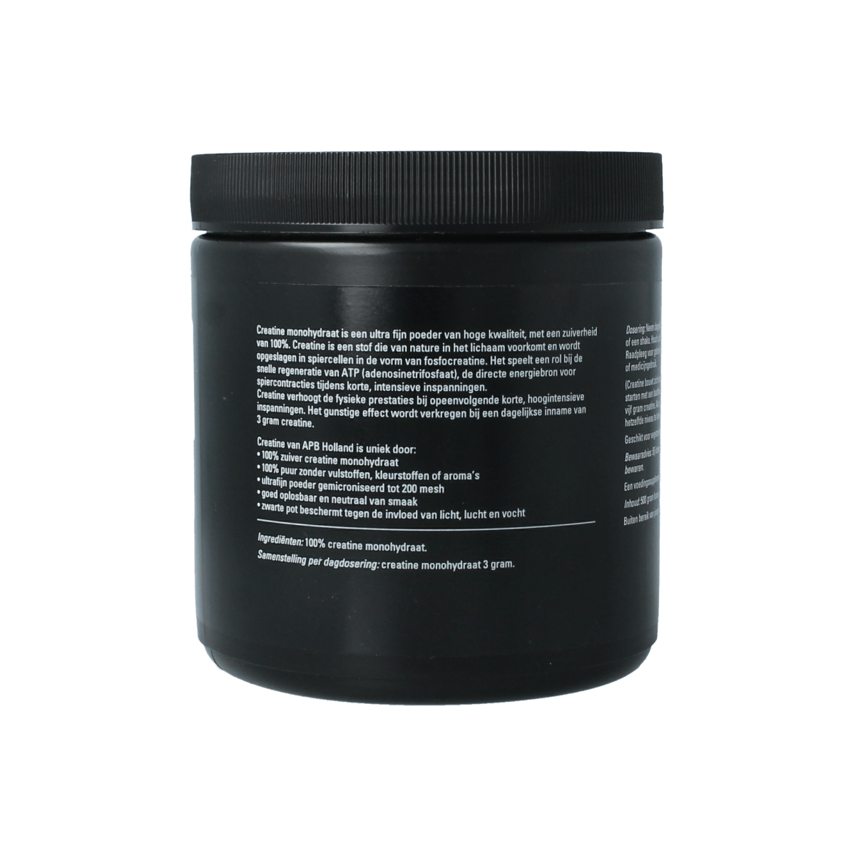 APB Holland Creatine 100% pure, 200 mesh, in a 500g container, shown as white powder in a clear jar.