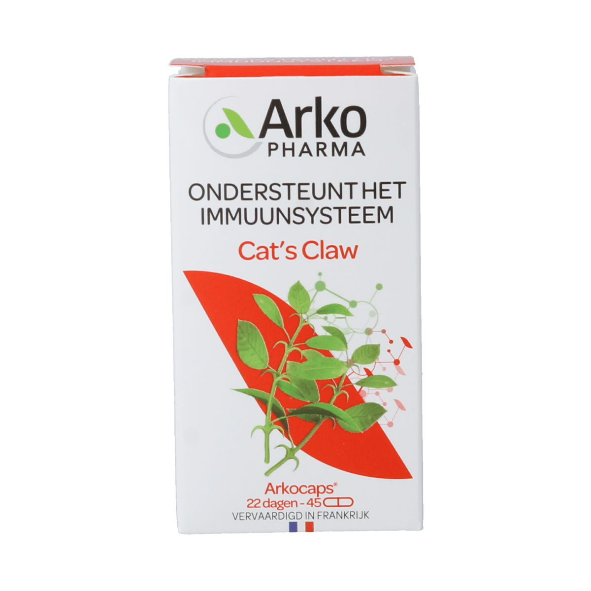 Arkocaps Cat's Claw herbal supplement in 45 capsules, featuring natural plant-based ingredients for health support.