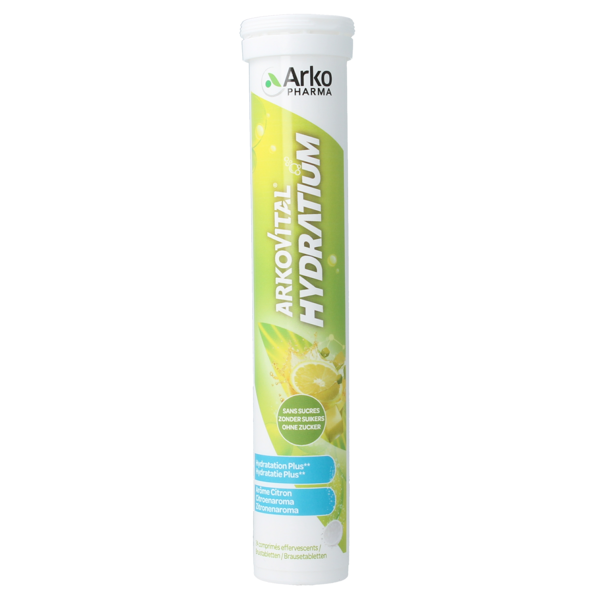 Arkovital Hydratium Citroen effervescent tablets, citrus-flavored dietary supplement, in a blister pack.