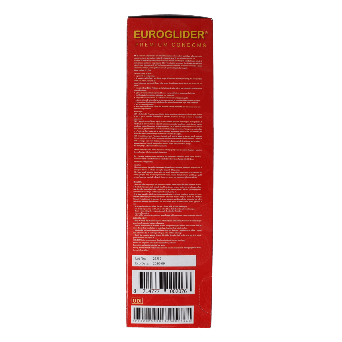 Asha brand strawberry-flavored condoms in a box of 144 pieces, shown in a colorful package with product details.