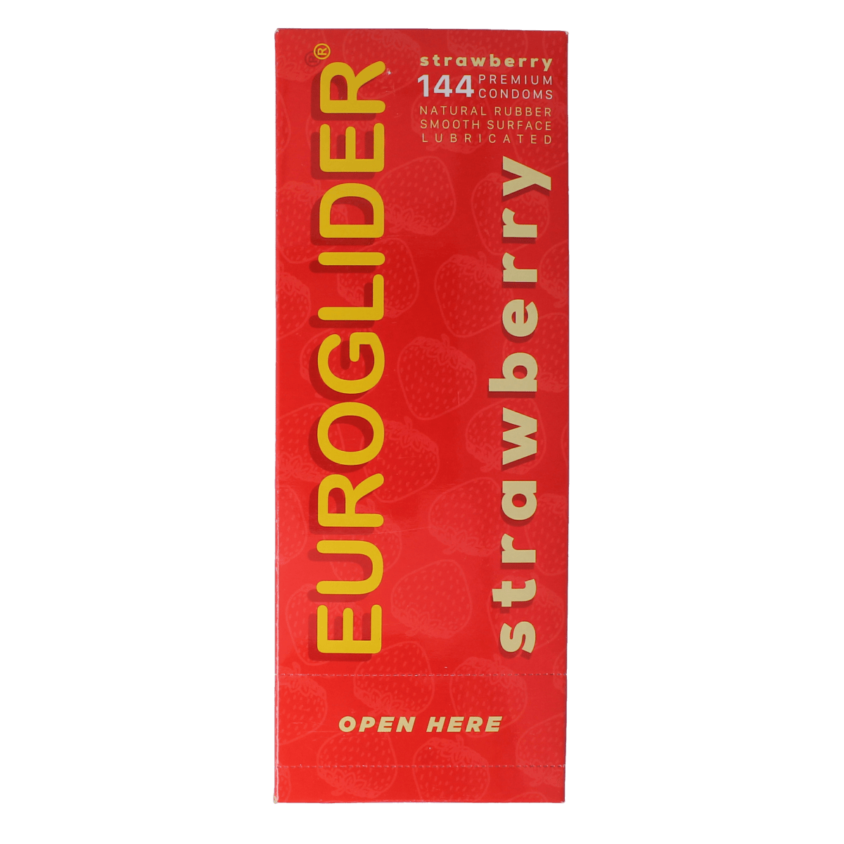 Asha brand strawberry-flavored condoms, 144-pack, shown in a close-up image with packaging and condoms visible.