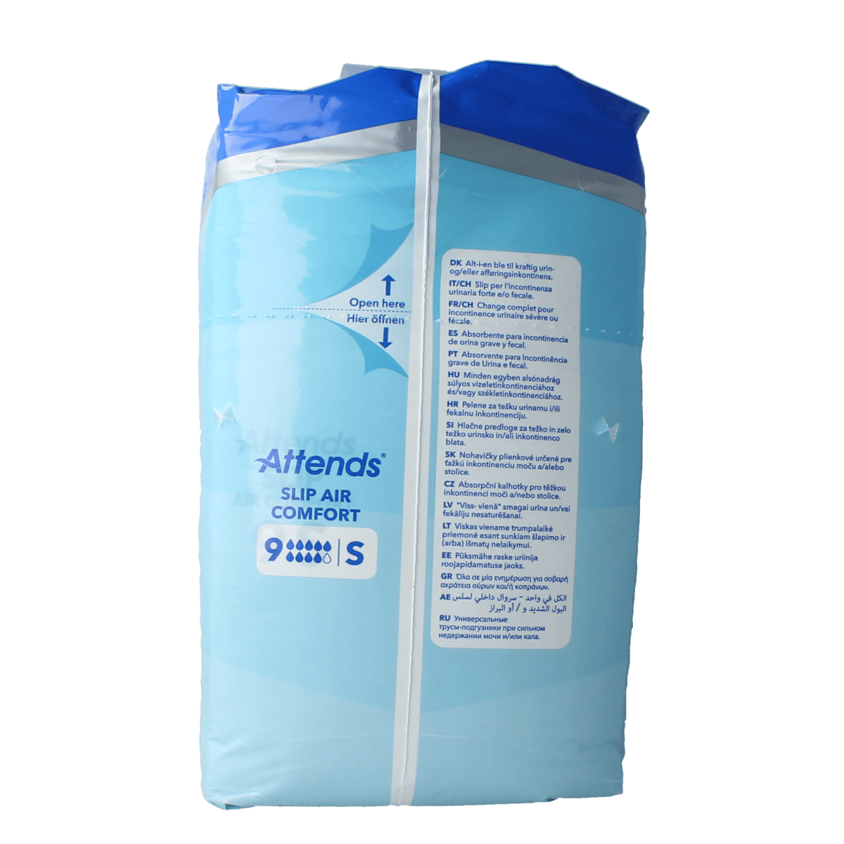 Attends Slip Air Comfort 9S incontinence pads, 21-pack, soft, breathable, designed for comfort and secure absorption.