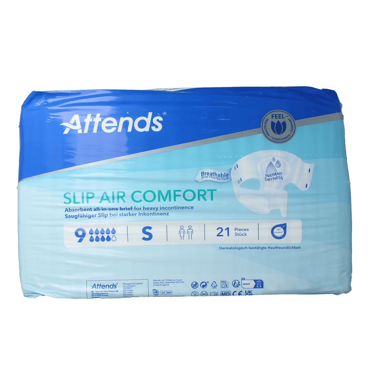 Attends Slip Air Comfort 9S incontinence pads, 21-count pack, soft and breathable as shown in the image.