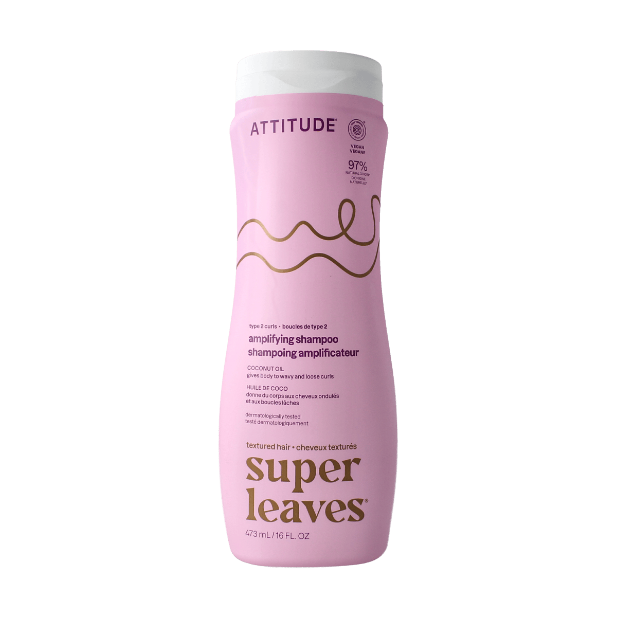 Attitude Coconut Oil Curl Amplifying Shampoo bottle for type 2 curls, 473ml, with a white pump dispenser and label.