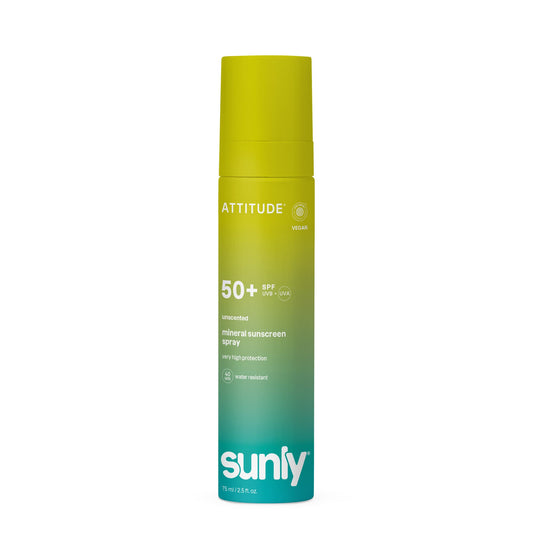 Attitude ATT SUNLY Sunscreen Spray SPF50 in 75ml bottle, unscented, with clear spray nozzle, designed for broad-spectrum sun protection