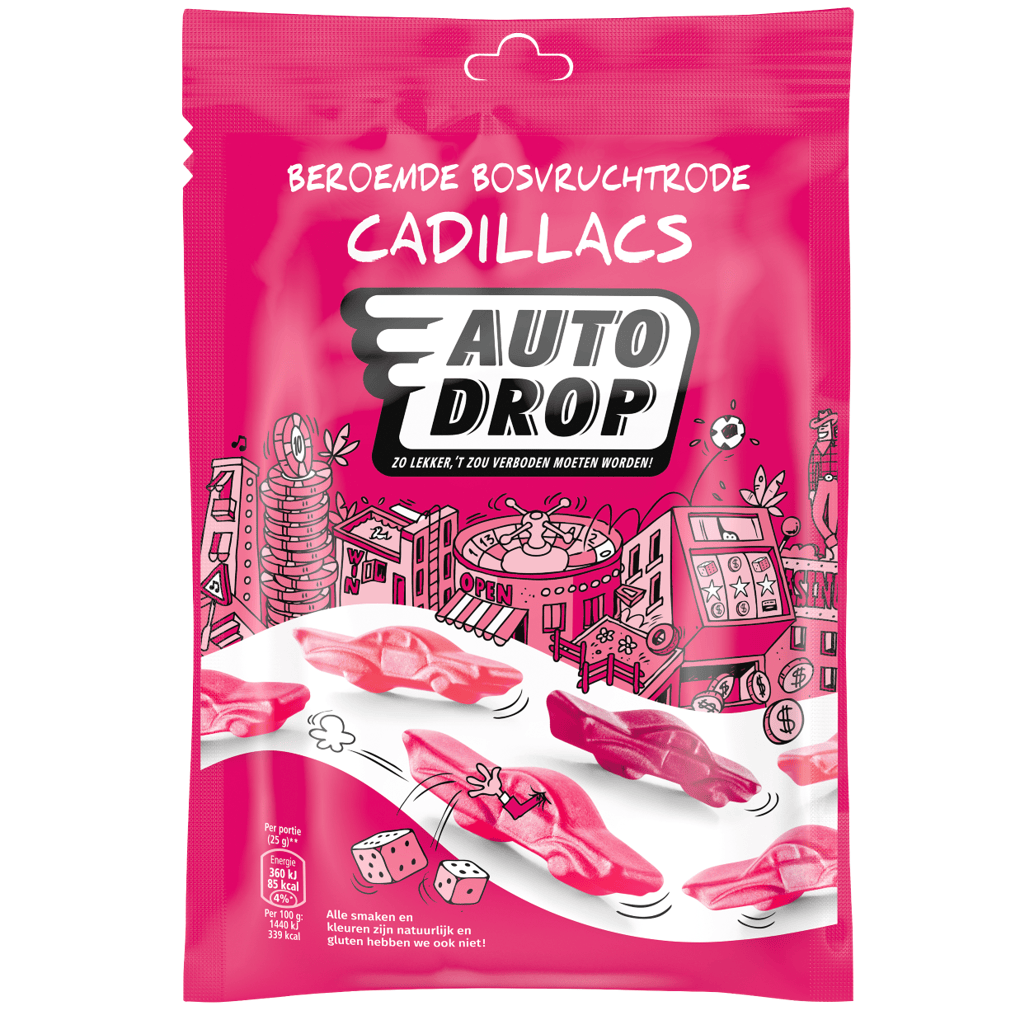 Autodrop Snoepgoed 180 Gram Autodrop Beroemde bosvruchtrode cadillacs mixzak 180 Gram