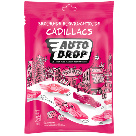 Autodrop Snoepgoed 180 Gram Autodrop Beroemde bosvruchtrode cadillacs mixzak 180 Gram