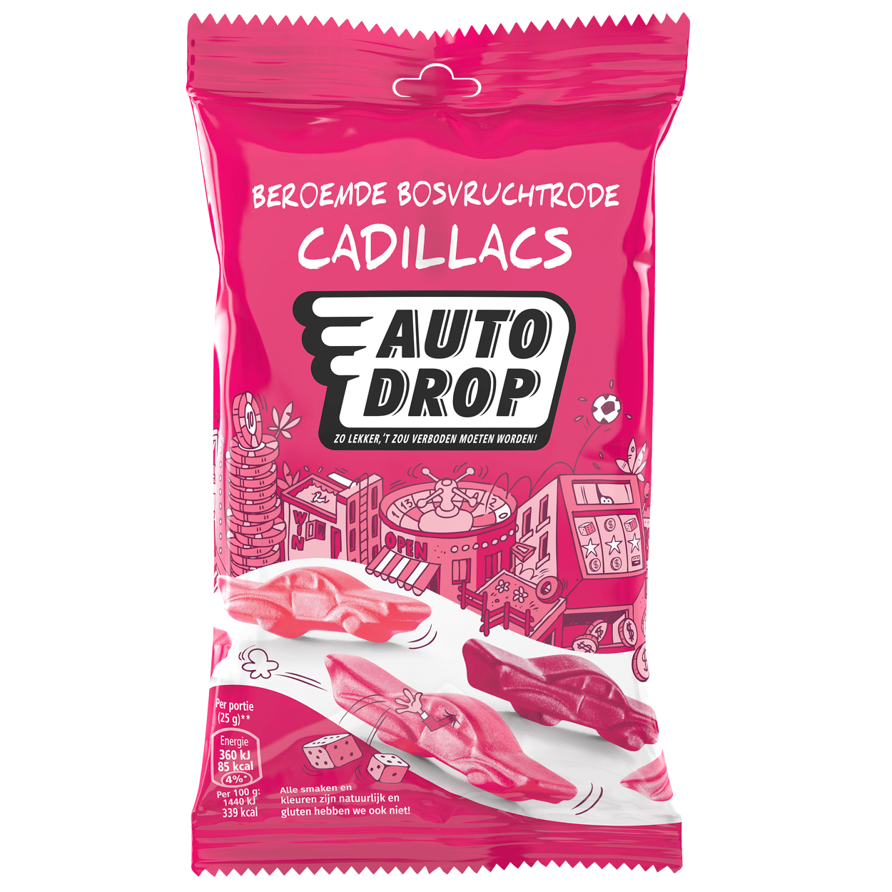 Autodrop Snoepgoed 85 Gram Autodrop Beroemde bosvruchtrode cadillacs snackpack 85 Gram