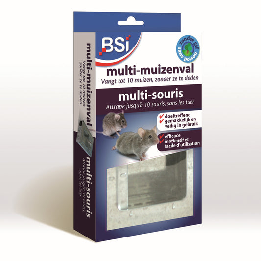 BSI multi-muizenval for household use, 1-piece, visible in the image with plastic construction and simple locking mechanism.