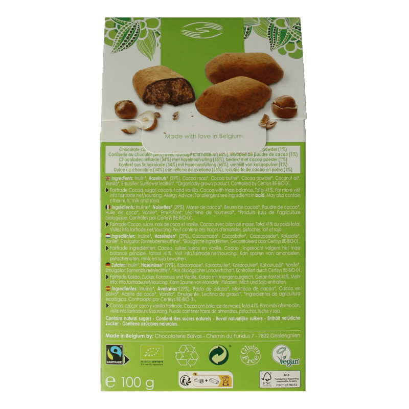 Belvas Chocolade 100 Gram Belvas Hazelnoot praline truffels bio 100 Gram